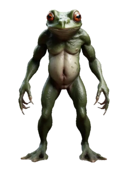 3D model for Scary humanoid frog like creature with hearth outside the body,, Stylized, Game Assets, Fantasy, Highly Detailed, Polished, A-pose, Full Body, Symmetrical Body