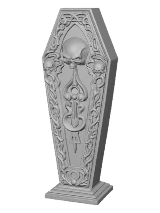 3D model for A highly detailed black coffin with a gothic design, delicate intricate detailing on the outside, realistic shape of a closed coffin. More costume than functional. There’s a very subtle cyber vibe to it. , #Halloween2025#