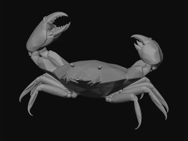 3D model for a low poly crab with small legs and one big claw and 1 small claw and he is red