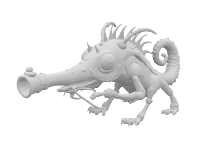 3D model for a whimsical, bio-mechanical gun-creature in the silhouette of a machinegun, merging Tim Burton's quirky charm, Dr. Seuss's playful whimsy, H.R. Giger's intricate designs, and Guillermo del Toro's dark fantasy. This creature should feature gothic elements and steampunk aesthetics, with expressive eyes and a gun-barrel-like mouth, embodying a living cartoon vibe. It should maintain practical functionality as a firearm while being uniquely imaginative and vibrant in character. Highly Detailed