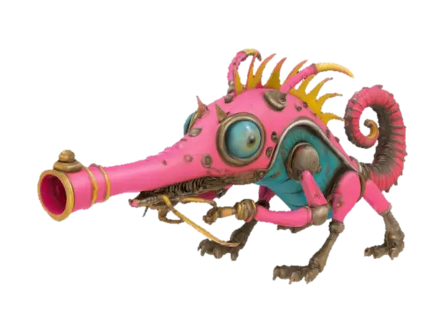 3D model for a whimsical, bio-mechanical gun-creature in the silhouette of a machinegun, merging Tim Burton's quirky charm, Dr. Seuss's playful whimsy, H.R. Giger's intricate designs, and Guillermo del Toro's dark fantasy. This creature should feature gothic elements and steampunk aesthetics, with expressive eyes and a gun-barrel-like mouth, embodying a living cartoon vibe. It should maintain practical functionality as a firearm while being uniquely imaginative and vibrant in character. Highly Detailed