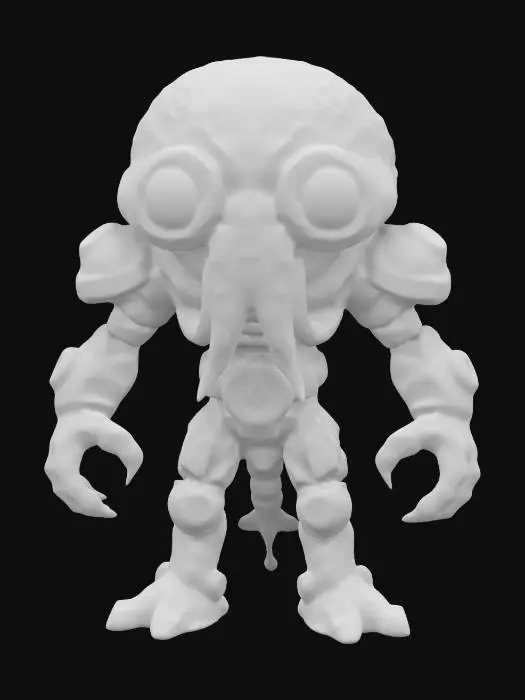 3D model for Create a 6.5-inch action figure of "Octo-Brawler," an octopus-inspired warrior. He has an oversized head with large, expressive eyes and a wide, toothy grin. His muscular body features smooth skin with intricate details, vibrant neon greens, electric blues, and deep purples. Outfit him in mismatched armor adorned with tentacle motifs. His powerful legs combine humanoid and octopus traits, with webbed feet and exaggerated proportions for dynamic poses.