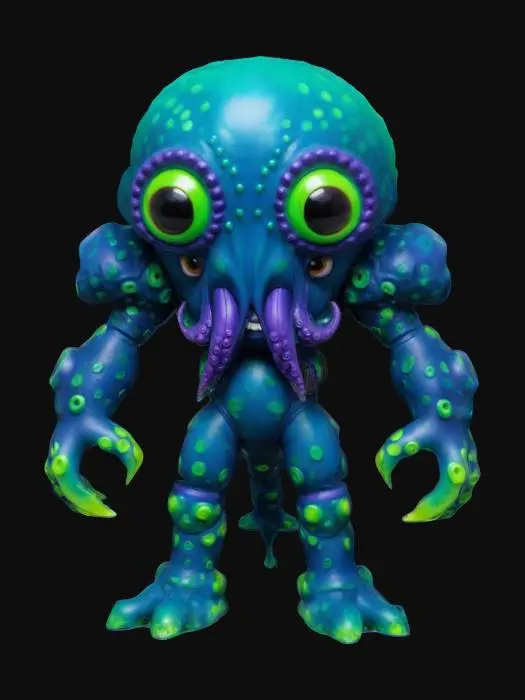 3D model for Create a 6.5-inch action figure of "Octo-Brawler," an octopus-inspired warrior. He has an oversized head with large, expressive eyes and a wide, toothy grin. His muscular body features smooth skin with intricate details, vibrant neon greens, electric blues, and deep purples. Outfit him in mismatched armor adorned with tentacle motifs. His powerful legs combine humanoid and octopus traits, with webbed feet and exaggerated proportions for dynamic poses.