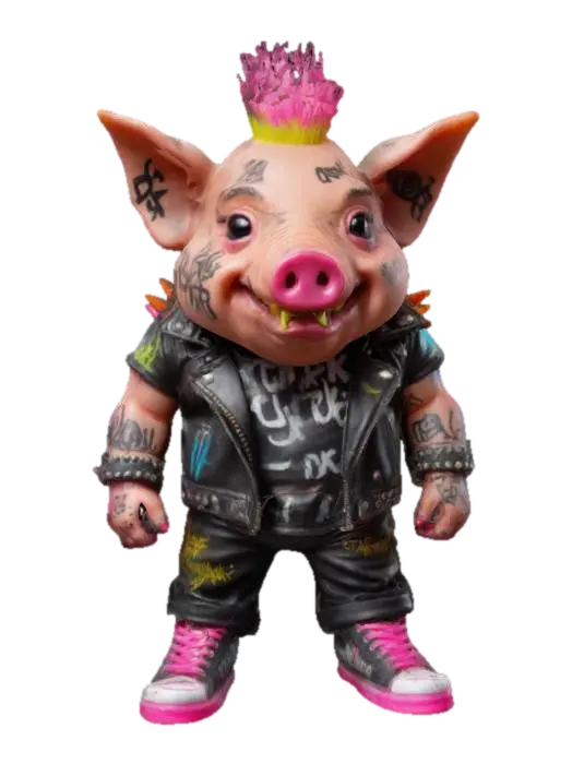 a 6-inch action figure called "Pork Ruckus," a muscular, punk rock pig with an… 3D model, vytvořený pomocí AI