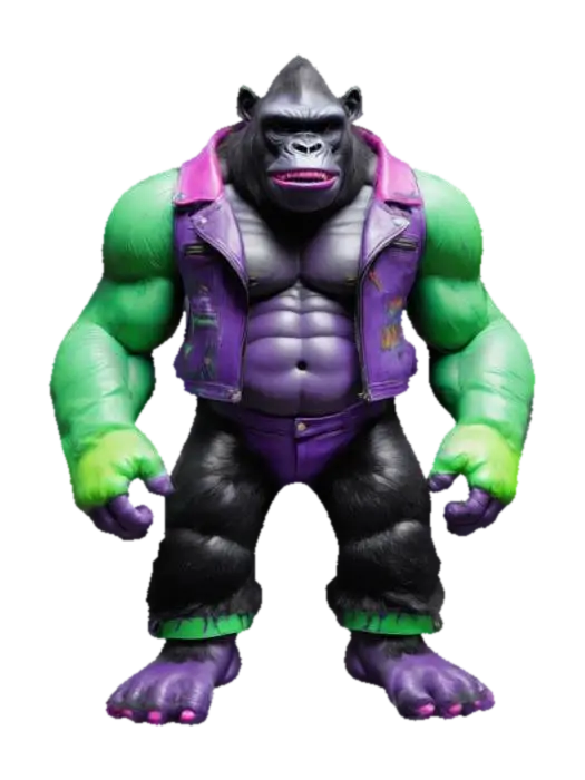 an anthropomorphic gorilla action figure inspired by 80s and 90s cartoon styles. He… 3D model, vytvořený pomocí AI