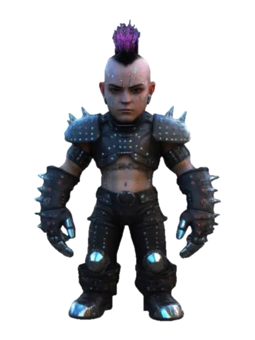 Modello 3D a cybernetic punk warrior with a spiked mohawk infused with luminescent fiber optics.…, generato dall’IA