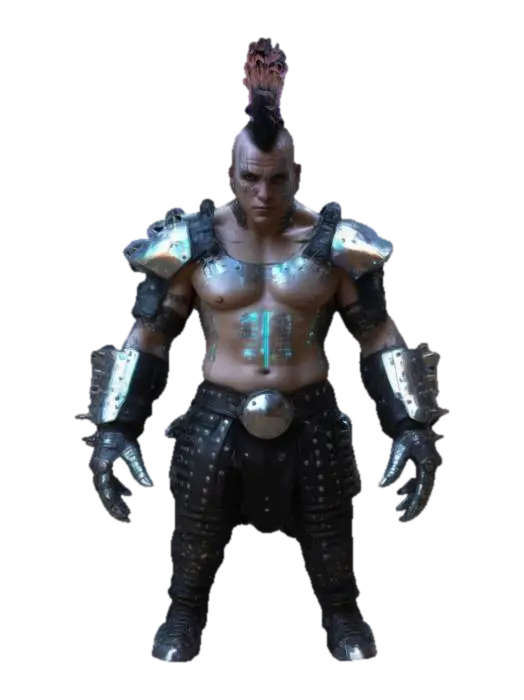 Modello 3D a cybernetic punk warrior with a spiked mohawk infused with luminescent fiber optics.…, generato dall’IA