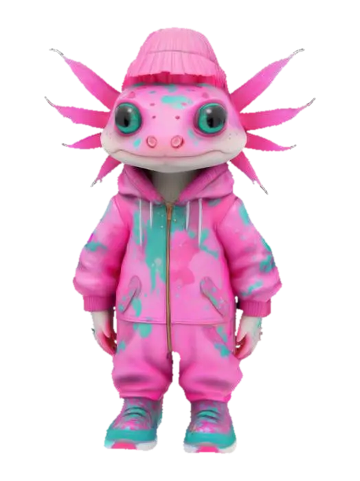 a highly detailed 3D character model of an anthropomorphic axolotl, inspired by… 3D model, vytvořený pomocí AI