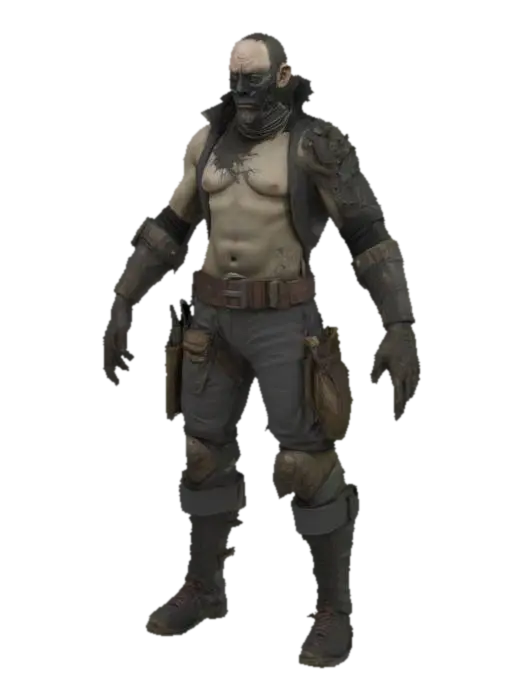 post-apocalyptic, the main antagonist, male with a grotesque mask in the styles… 3D model, vytvořený pomocí AI
