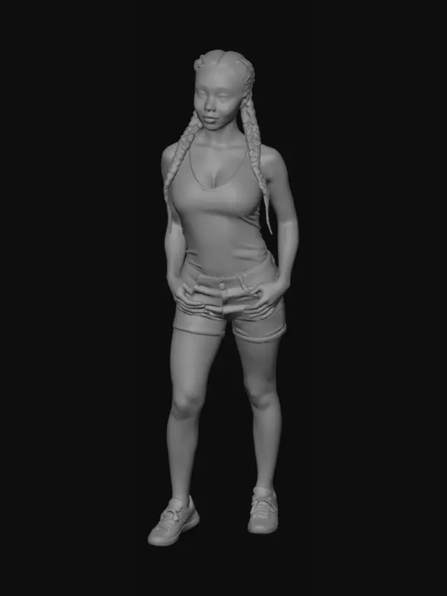 3D model for Pełna sylwetka postaci 3D, 20-letnia Amerykanka o wysportowanej sylwetce klepsydry i wyraźnych kobiecych kształtach. Ciemne włosy zaplecione w schludny, pojedynczy warkocz, brązowe oczy. Ubrana w krótki biały top z dekoltem w serek (v-neck), krótkie czarne szorty dżinsowe oraz buty sportowe. Widok z przodu, stojąca w neutralnej pozie A-pose (ramiona lekko odsunięte od ciała), neutralne oświetlenie studyjne, obiekt odizolowany na jednolitym białym tle, fotorealistyczne tekstury, czysta siatka modelu 3D.