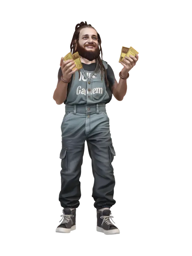 3D model for Hacker, a skinny adult, with braided hair, full beard, freckles, wearing immaculate work overalls, holding gold bars, positioned in the foreground, in the center, at eye level, showing expressions of joy, blank stare and a massive infestation of charmeleons in mid-air flight, positioned in the foreground, in the center, at eye level, Huge and a massive feral elephant with sleek fur, positioned in the background, in the center, at eye level and a pristine 1980s school bus, positioned in the foreground, in the center, at eye level and a sea of people crowd in festival dress, positioned in the foreground, in the center, at eye level, hobos and junkies and a packed crowd in business attire, positioned in the foreground, in the center, at eye level