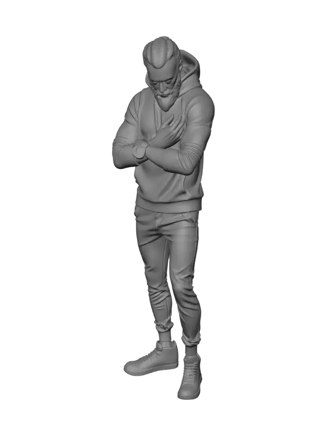 3D model for T-Pose Hacker, an athletic adult, with braided hair, full beard, cybernetic implant, wearing immaculate casual streetwear, holding Cyberdeck on his wrist, positioned in the foreground, in the center, at eye level, showing expressions of controlled fury, eyes darting, T-Pose Hacker is actively sneaking with clenched fists.
