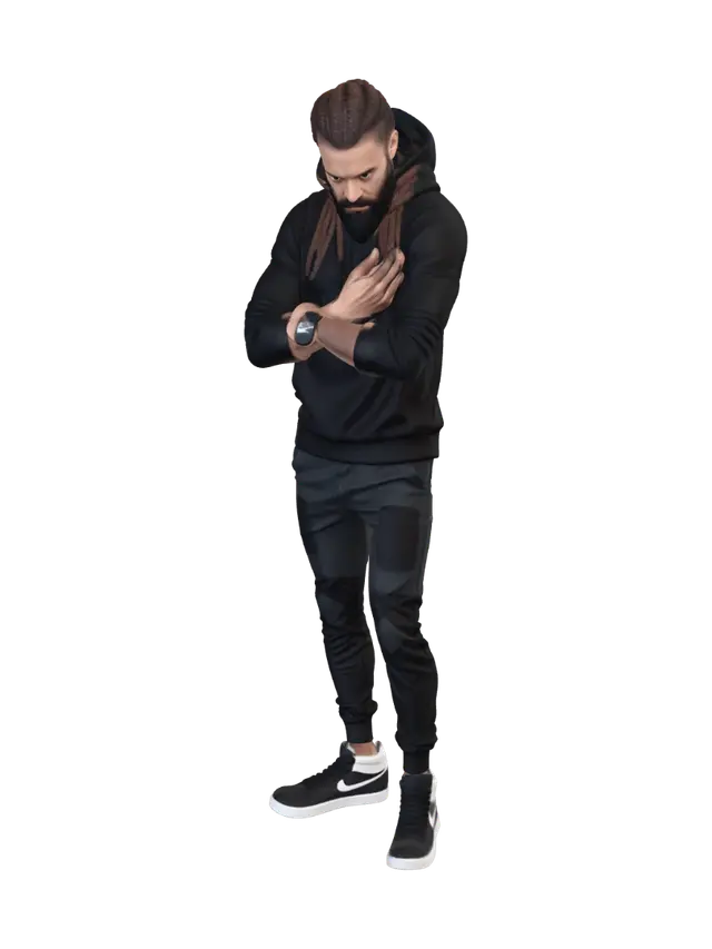 3D model for T-Pose Hacker, an athletic adult, with braided hair, full beard, cybernetic implant, wearing immaculate casual streetwear, holding Cyberdeck on his wrist, positioned in the foreground, in the center, at eye level, showing expressions of controlled fury, eyes darting, T-Pose Hacker is actively sneaking with clenched fists.