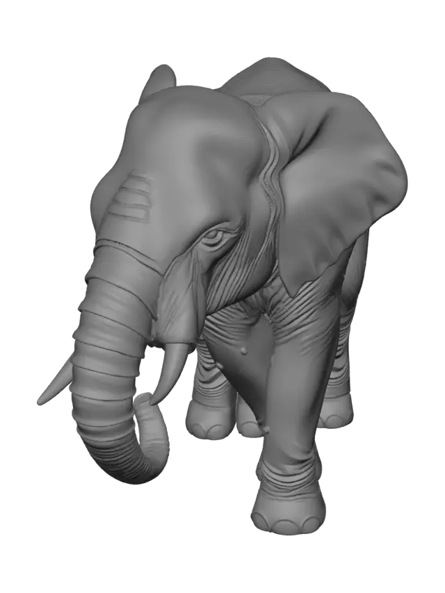 3D model for a medium calm elephant with sleek fur, positioned in the foreground, in the center, at eye level, with a frozen / frost-covered glossy Ancient Amber surface, elastic / springy, emitting a flickering holographic, pulses in sync with the viewer's heartbeat, the elephant is standing alert.