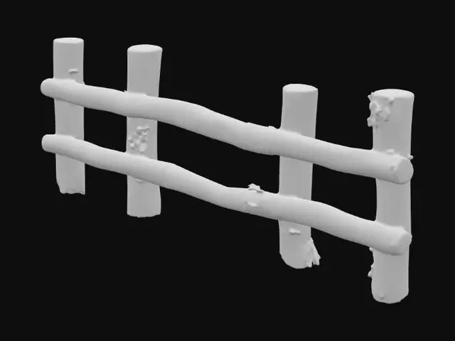 3D model for A simple wooden fence in the forest, made of straight rough logs placed upright and connected with horizontal beams. The surface is slightly weathered, with a few cracks and natural texture. It stands quietly among trees and bushes, blending naturally with the forest floor covered in leaves.