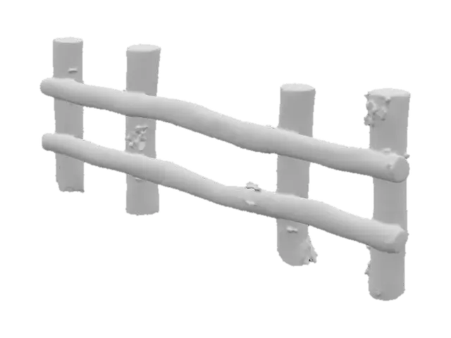 3D model for A simple wooden fence in the forest, made of straight rough logs placed upright and connected with horizontal beams. The surface is slightly weathered, with a few cracks and natural texture. It stands quietly among trees and bushes, blending naturally with the forest floor covered in leaves.
