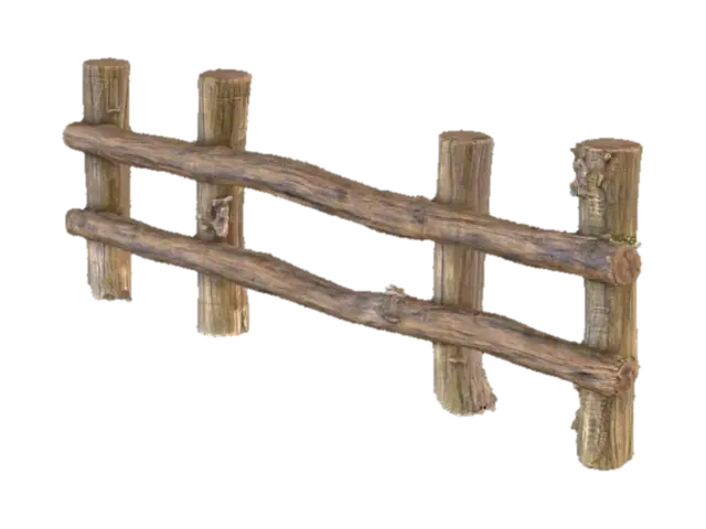 3D model for A simple wooden fence in the forest, made of straight rough logs placed upright and connected with horizontal beams. The surface is slightly weathered, with a few cracks and natural texture. It stands quietly among trees and bushes, blending naturally with the forest floor covered in leaves.