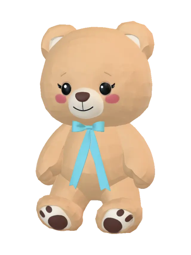 3D model for An adorable kawaii teddy bear with fluffy caramel-colored fur, oversized round head, tiny paws, glossy black eyes, pink blush on cheeks, small smile, blue ribbon around the neck, soft plush appearance, smooth clean geometry, stylized game-ready 3D asset, isolated object.