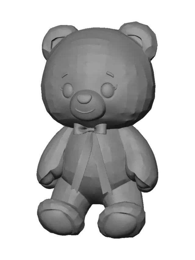 3D model for An adorable kawaii teddy bear with fluffy caramel-colored fur, oversized round head, tiny paws, glossy black eyes, pink blush on cheeks, small smile, blue ribbon around the neck, soft plush appearance, smooth clean geometry, stylized game-ready 3D asset, isolated object.