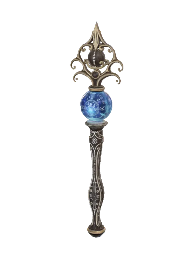 3D model for An elegant fantasy mage's staff made of polished dark wood with intricate twisting branches at the top, holding a glowing blue crystal orb. The staff features engraved silver runes, small floating magical particles, gold accents, and a mystical ancient design. Highly detailed, realistic textures, clean topology, game-ready 3D asset, symmetrical, isolated object, no background, high-quality fantasy weapon.