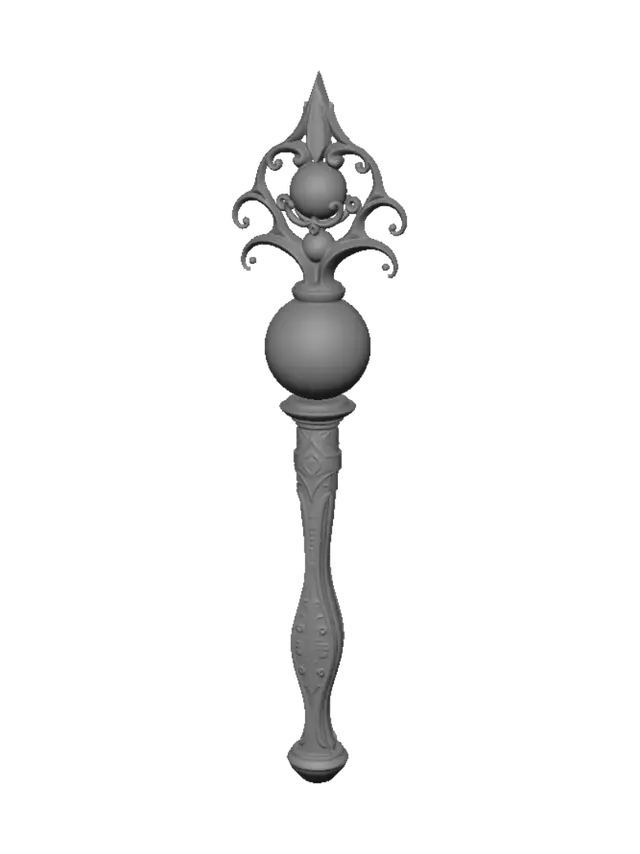 3D model for An elegant fantasy mage's staff made of polished dark wood with intricate twisting branches at the top, holding a glowing blue crystal orb. The staff features engraved silver runes, small floating magical particles, gold accents, and a mystical ancient design. Highly detailed, realistic textures, clean topology, game-ready 3D asset, symmetrical, isolated object, no background, high-quality fantasy weapon.
