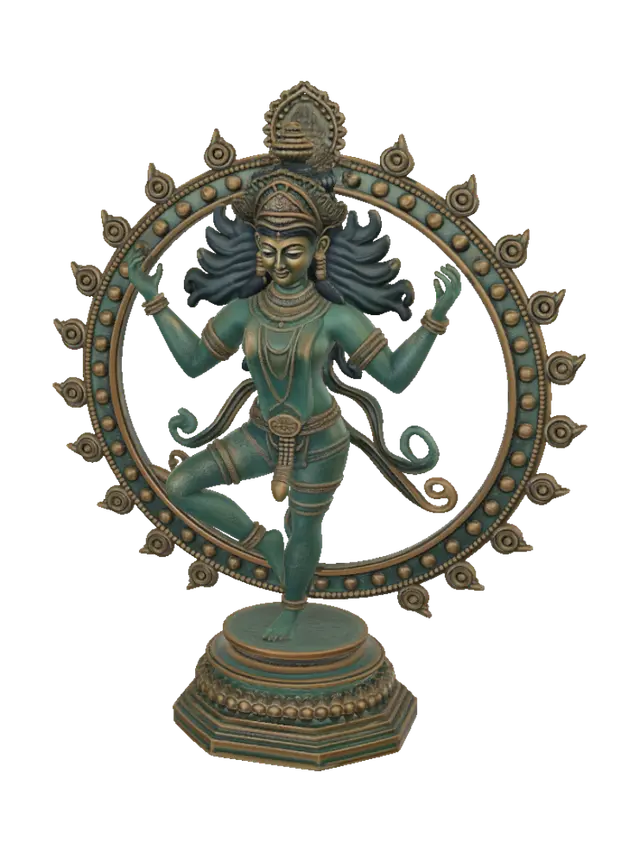 3D model for A magnificent South Indian Chola-style bronze statue of Nataraja, the cosmic dancer, gracefully dancing within a large circular ring of flames. The figure has four arms holding symbolic objects and gestures, flowing hair radiating outward, intricate crown, elaborate jewelry, anklets, armlets, waist ornaments, and beautifully sculpted traditional garments. The statue stands on a decorated lotus pedestal over a dwarf figure, symbolizing the triumph of knowledge over ignorance. Rich aged bronze with natural green patina, museum-quality craftsmanship, ultra-detailed engravings, realistic metal textures, highly intricate sculpture, symmetrical composition, clean topology, high-quality PBR materials, game-ready 3D asset, isolated object, no background.