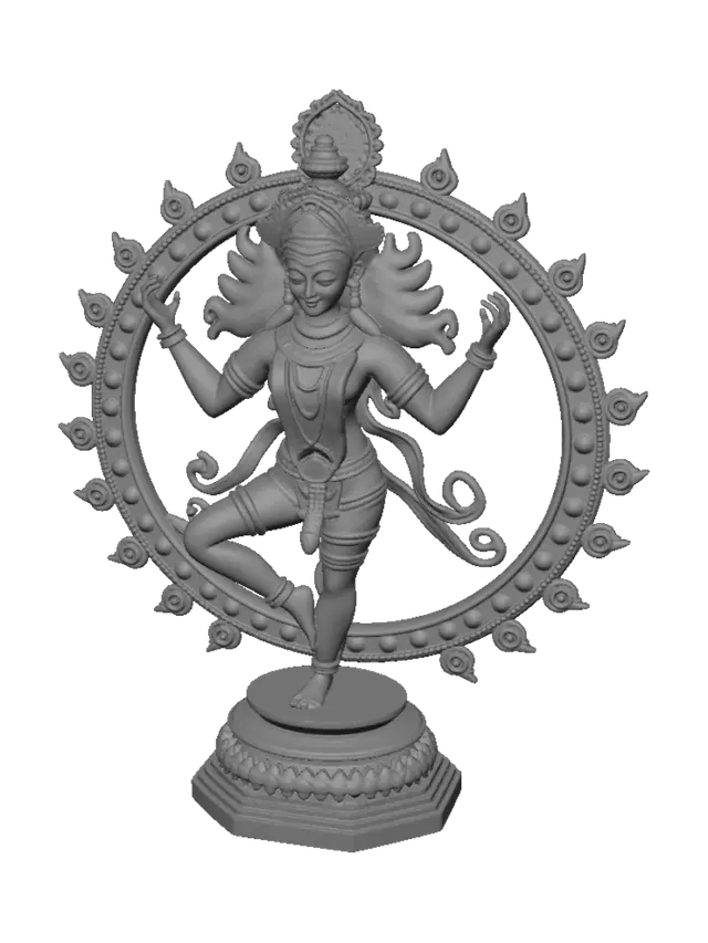 3D model for A magnificent South Indian Chola-style bronze statue of Nataraja, the cosmic dancer, gracefully dancing within a large circular ring of flames. The figure has four arms holding symbolic objects and gestures, flowing hair radiating outward, intricate crown, elaborate jewelry, anklets, armlets, waist ornaments, and beautifully sculpted traditional garments. The statue stands on a decorated lotus pedestal over a dwarf figure, symbolizing the triumph of knowledge over ignorance. Rich aged bronze with natural green patina, museum-quality craftsmanship, ultra-detailed engravings, realistic metal textures, highly intricate sculpture, symmetrical composition, clean topology, high-quality PBR materials, game-ready 3D asset, isolated object, no background.