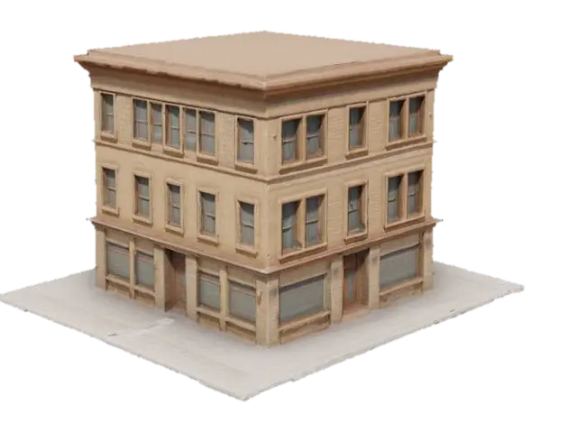 Low-poly, stylized 3-story building. Clean geometric shapes, precise modeling.… - New 3D model, vytvořený pomocí AI