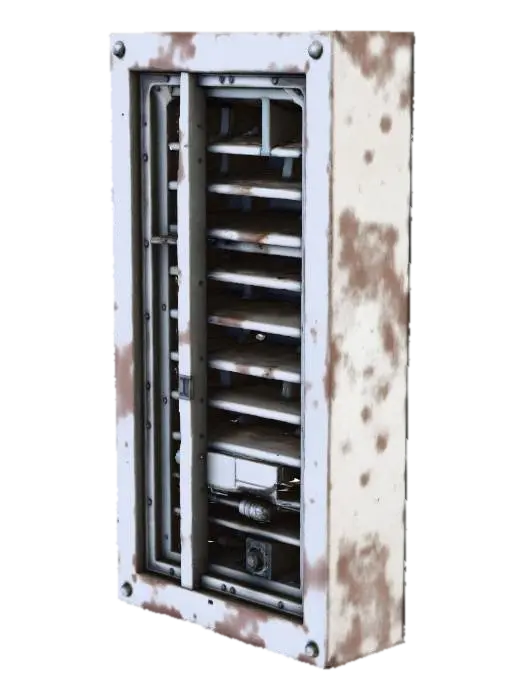 Create a standalone 2×2 sci-fi vent panel with damaged sections. Hard-surface frame… 3D model, vytvořený pomocí AI