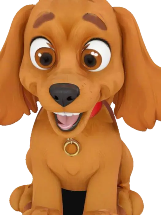 a ginger-colored cocker spaniel dog cartoon character wearing a collar 3D model, vytvořený pomocí AI