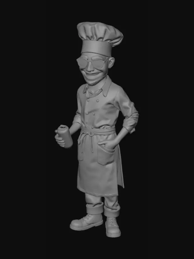 3D model for boulanger artisan, holding lunettes de soleil and potion mystérieuse and canette de soda, triomphant, realistic collectible figurine render, monochrome gray, neutral gray background, front-facing full body, studio lighting, no shadows, suitable for 3D model conversion