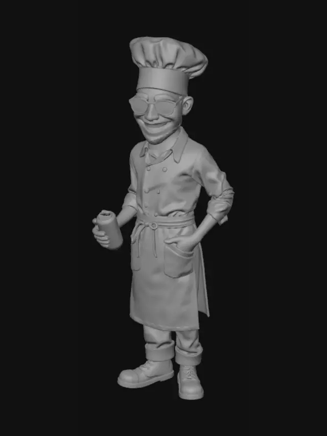 3D model for boulanger artisan, holding lunettes de soleil and potion mystérieuse and canette de soda, triomphant, realistic collectible figurine render, monochrome gray, neutral gray background, front-facing full body, studio lighting, no shadows, suitable for 3D model conversion