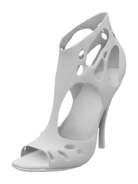 3D model for The object is a high-heeled shoe with an intricate, sculptural design featuring open cutouts and a combination of glossy black and orange leather texture., 