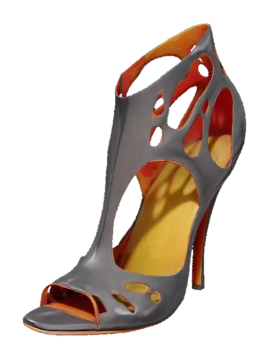 3D model for The object is a high-heeled shoe with an intricate, sculptural design featuring open cutouts and a combination of glossy black and orange leather texture., 