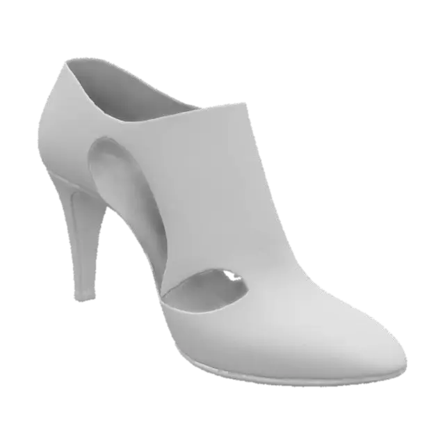 3D model for The object is a high-heeled shoe with an intricate, sculptural design featuring open cutouts and a combination of glossy black and orange leather texture., 