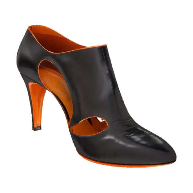 3D model for The object is a high-heeled shoe with an intricate, sculptural design featuring open cutouts and a combination of glossy black and orange leather texture., 