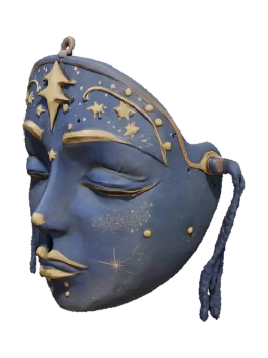 (Name: Mask of Stellcadens) A celestial mask with closed eyes, meteor-tear… - Constellation 3D model, vytvořený pomocí AI