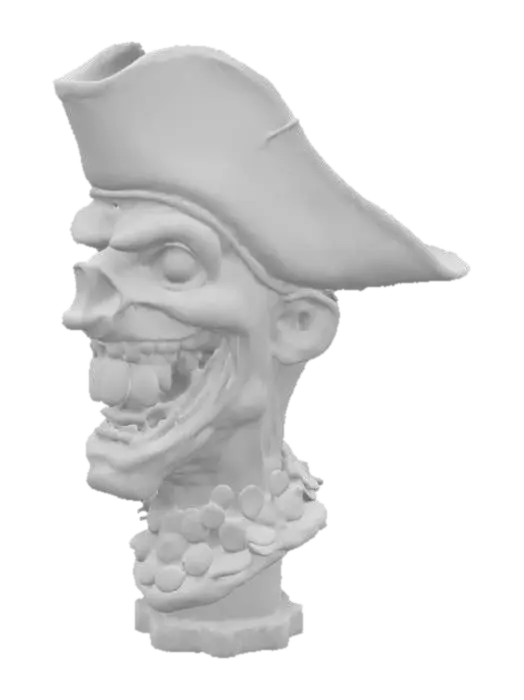 3D model for (Name: Davy’s Laugh)
A grotesque pirate head frozen in a toothy grin. Cracked tricorne hat, gold teeth gleaming, with coins sculpted into his neck. A chaotic yet charismatic figurehead full of mischief and legend.