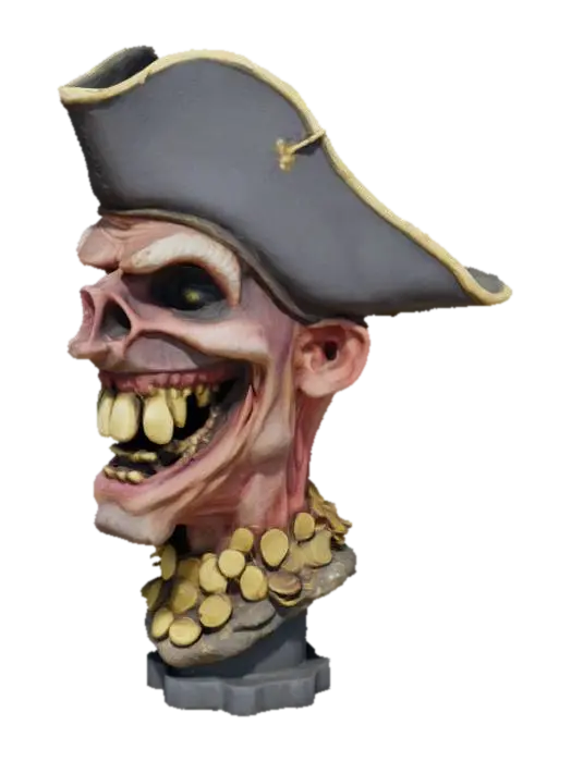 3D model for (Name: Davy’s Laugh)
A grotesque pirate head frozen in a toothy grin. Cracked tricorne hat, gold teeth gleaming, with coins sculpted into his neck. A chaotic yet charismatic figurehead full of mischief and legend.