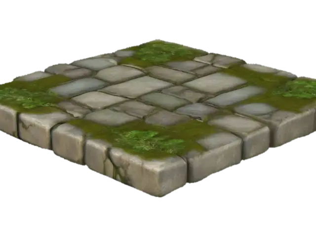 #game figure#, Cobblestone ground tile with irregularly shaped mossy stones.… 3D model, vytvořený pomocí AI