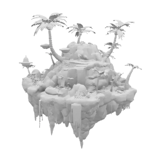 3D model for #garden#, floating garden island, lush greenery, layered tropical plants, cascading waterfalls, rocks and roots exposed beneath, small wooden bridges, vibrant flowers, stylized and whimsical