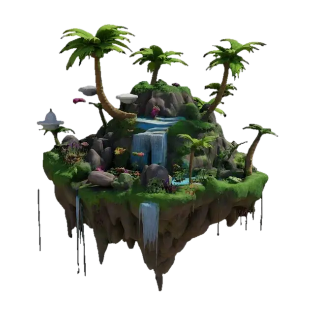 3D model for #garden#, floating garden island, lush greenery, layered tropical plants, cascading waterfalls, rocks and roots exposed beneath, small wooden bridges, vibrant flowers, stylized and whimsical