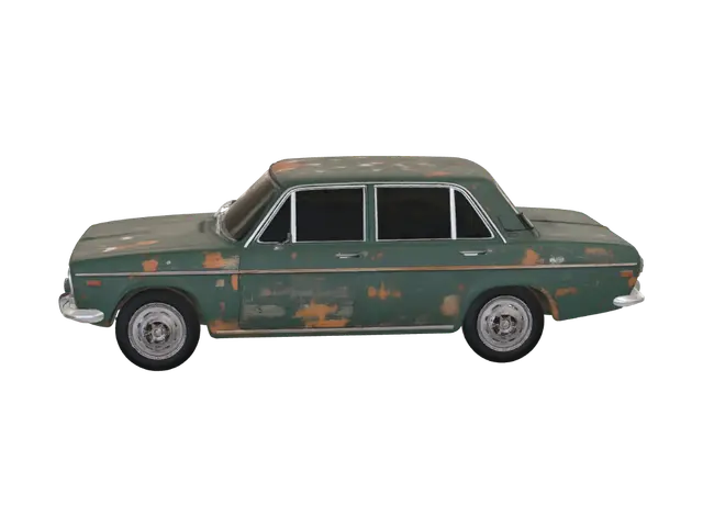 3D model for Realistic game-ready Soviet sedan inspired by Lada VAZ-2106/2107, post-Soviet 1990s Russia style. Modular vehicle designed for assembly and disassembly gameplay. Separate meshes: body, hood, trunk, 4 doors, front/rear bumpers, grille, headlights, taillights, mirrors, windows, fenders, wheels, engine, battery, radiator, exhaust, dashboard, steering wheel, seats. Faded dark green paint, light rust, scratches, dents, dust, worn but functional. Detailed interior and engine bay. Real-world scale, clean topology, optimized polycount, PBR materials, UV unwrapped, separate pivots for all removable parts, non-overlapping geometry. Unity and Unreal compatible. Realistic proportions, Eastern European countryside atmosphere, survival road-trip aesthetic, no cartoon style.