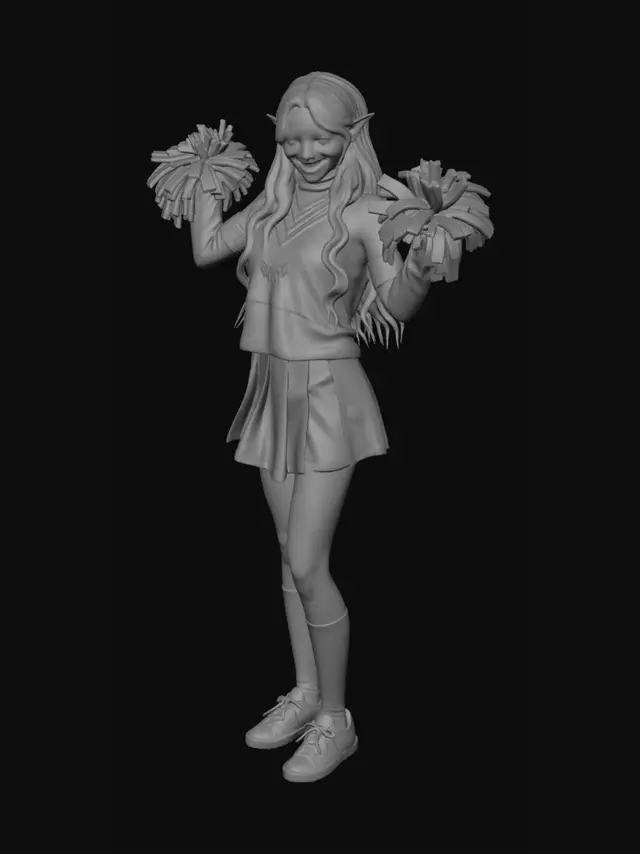 3D model for A cute elf woman with long hair in a classic cheerleader outfit cheering.