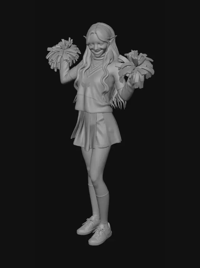 3D model for A cute elf woman with long hair in a classic cheerleader outfit cheering.