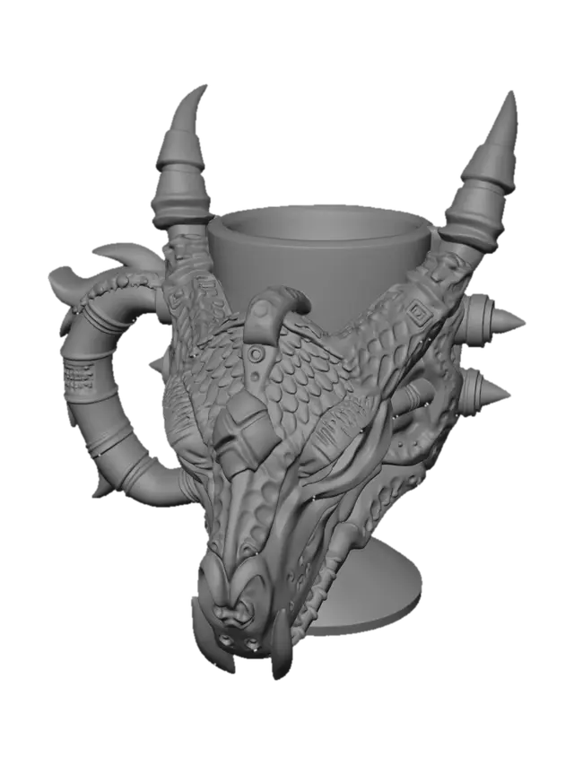 3D model for a mug capable of holding a 375ml Coke can made out of a dragon skull with a handle, and the handle will be hollow enough to allow a standard d20 dice to roll down through the handle with ease into a tray, something like dragon skull with the hole in top to accommodate the 375ml can, and like it has dual horns on each side of the skull that are wide enough to accommodate a standard d20 to roll through the horn into a tray