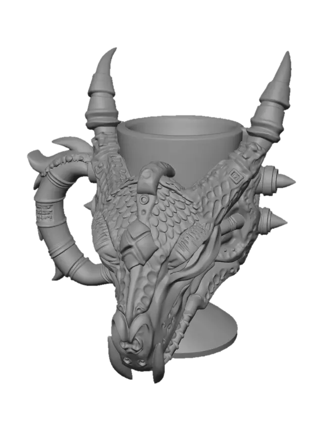 3D model for a mug capable of holding a 375ml Coke can made out of a dragon skull with a handle, and the handle will be hollow enough to allow a standard d20 dice to roll down through the handle with ease into a tray, something like dragon skull with the hole in top to accommodate the 375ml can, and like it has dual horns on each side of the skull that are wide enough to accommodate a standard d20 to roll through the horn into a tray