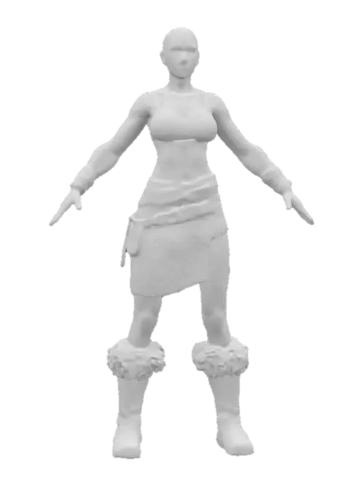 3D model for bald muscular female barbarian, A-Pose with wide arms. wearing leather studded bra, short lin cloth with leather strips and fur trim, and leather boots with fur trim. detailed textures, realistic female warrior physique and a confident, determined expression. realistic human anatomy, realistic face depth. high resolution PBR textures, realistic skin, and soft lighting. high-quality 3D optimized for unreel engine