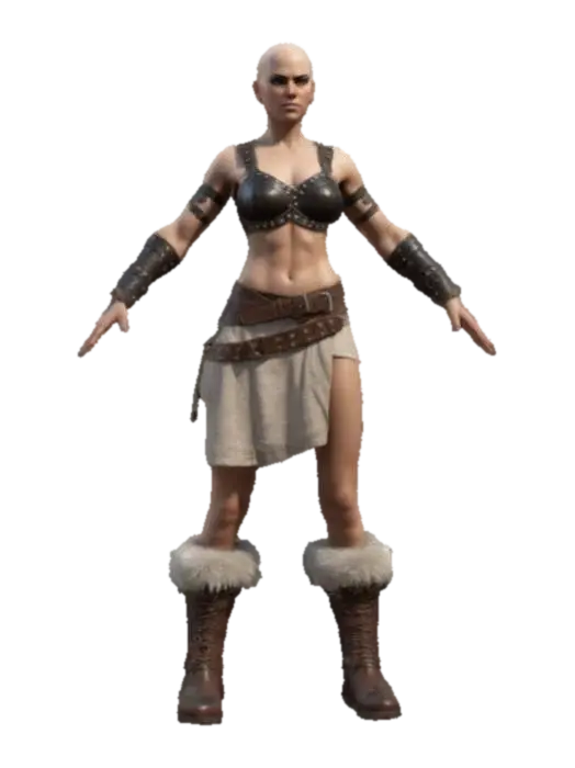 3D model for bald muscular female barbarian, A-Pose with wide arms. wearing leather studded bra, short lin cloth with leather strips and fur trim, and leather boots with fur trim. detailed textures, realistic female warrior physique and a confident, determined expression. realistic human anatomy, realistic face depth. high resolution PBR textures, realistic skin, and soft lighting. high-quality 3D optimized for unreel engine