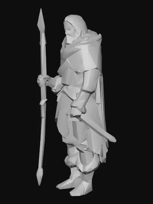 3D model for A human Druid with a strong face wearing a loose cloak and fur-lined boots. Carrying a thick Longstaff and a longsword at the hip. In a scouting pose, tactical fantasy gear.